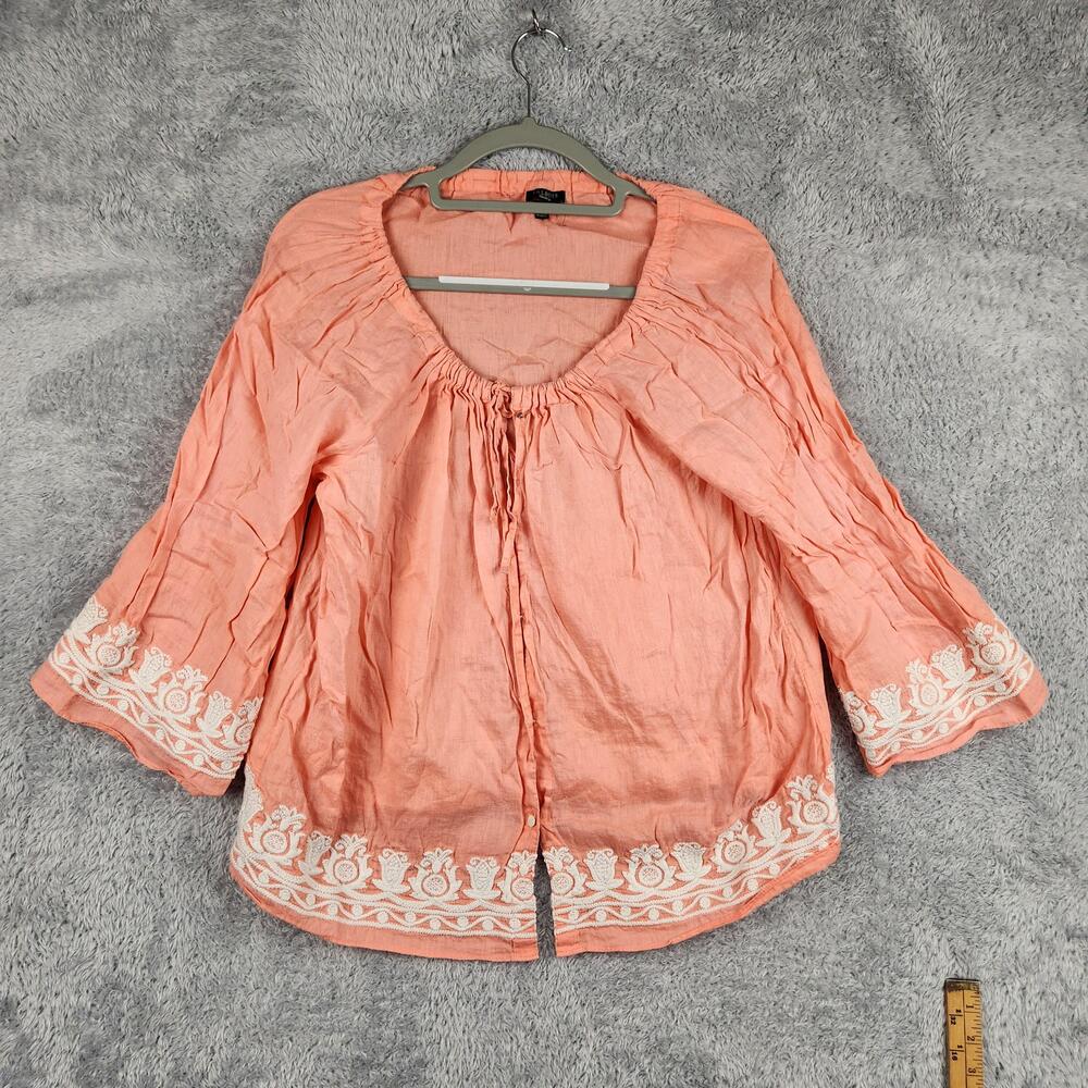 Talbots Blouse Womens Medium Pink Linen Embroidered Tunic 3/4 Bell Sleeve Boho